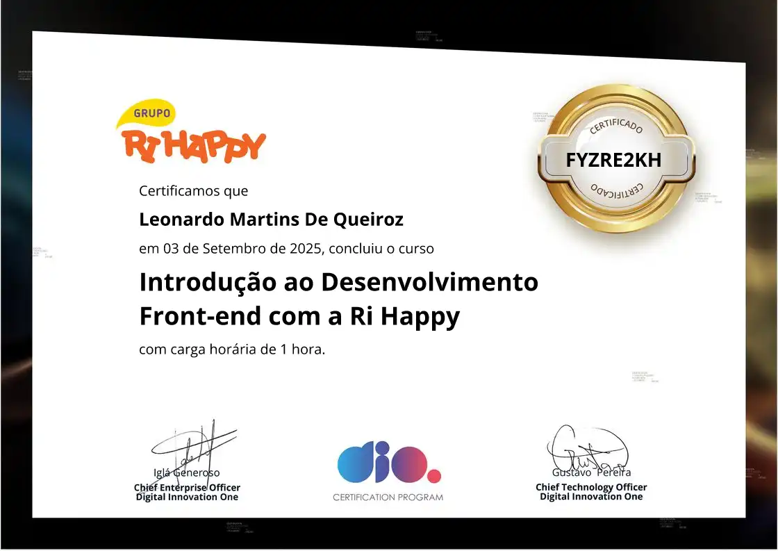 certificate of Introdução ao Desenvolvimento Front-end com a Ri Happy