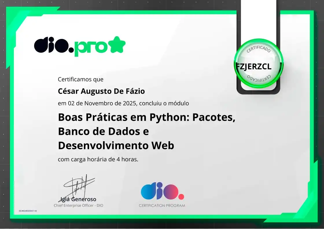 certificate of Boas Práticas em Python: Pacotes, Banco de Dados e Desenvolvimento Web