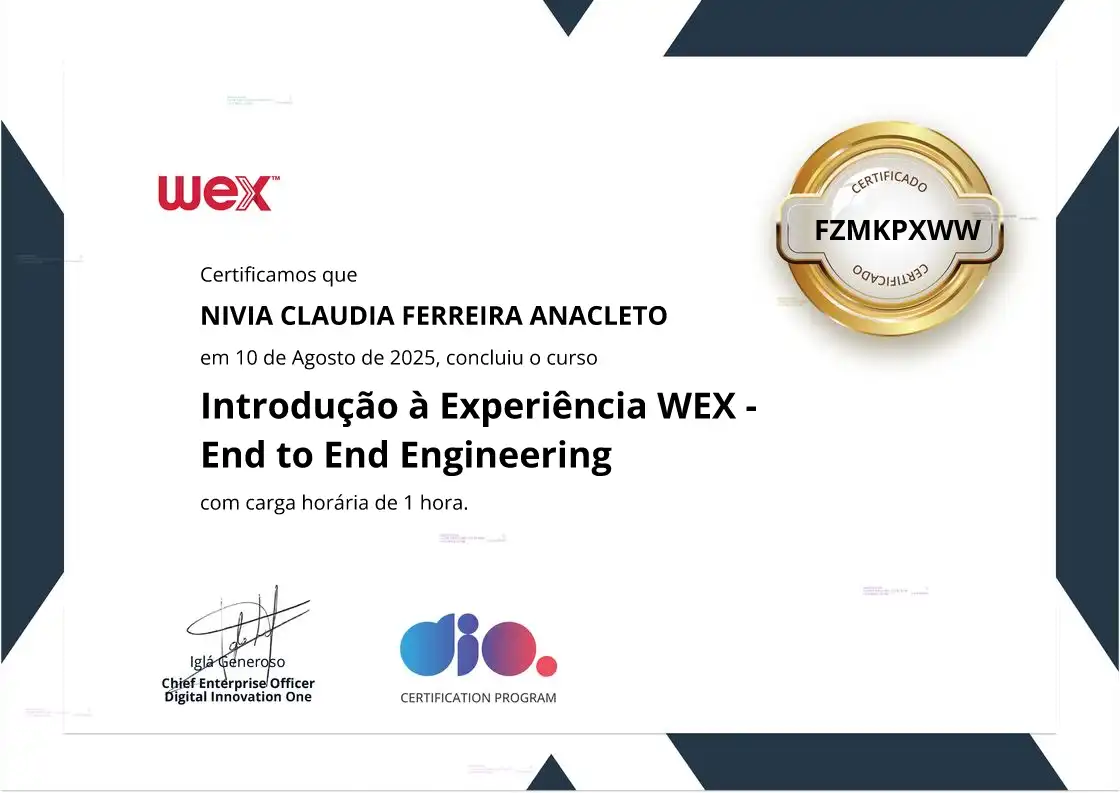 certificate of Introdução à Experiência WEX - End to End Engineering