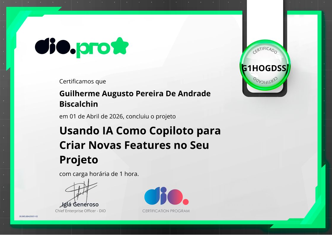 certificate of Usando IA Como Copiloto para Criar Novas Features no Seu Projeto