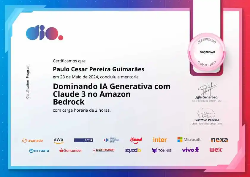 certificate of Dominando IA Generativa com Claude 3 no Amazon Bedrock