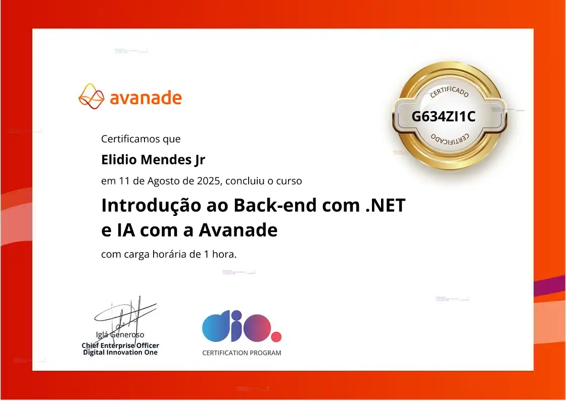 certificate of Introdução ao Back-end com .NET e IA com a Avanade