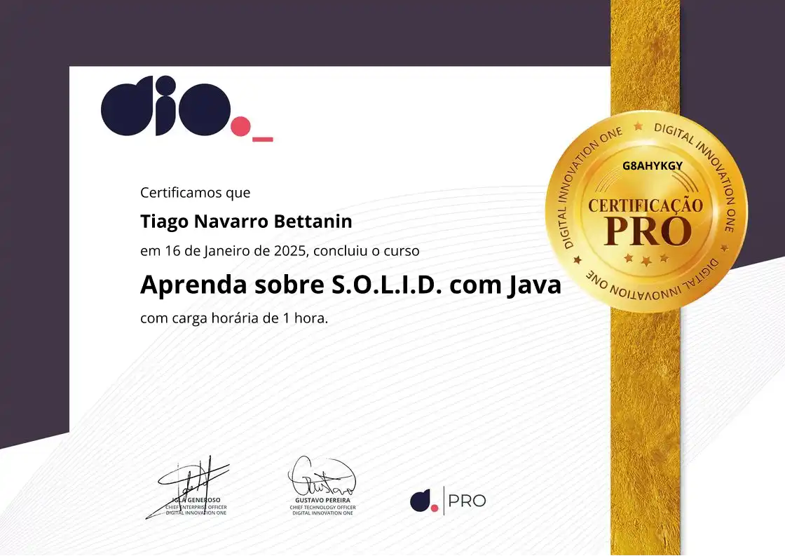 certificate of Aprenda sobre S.O.L.I.D. com Java