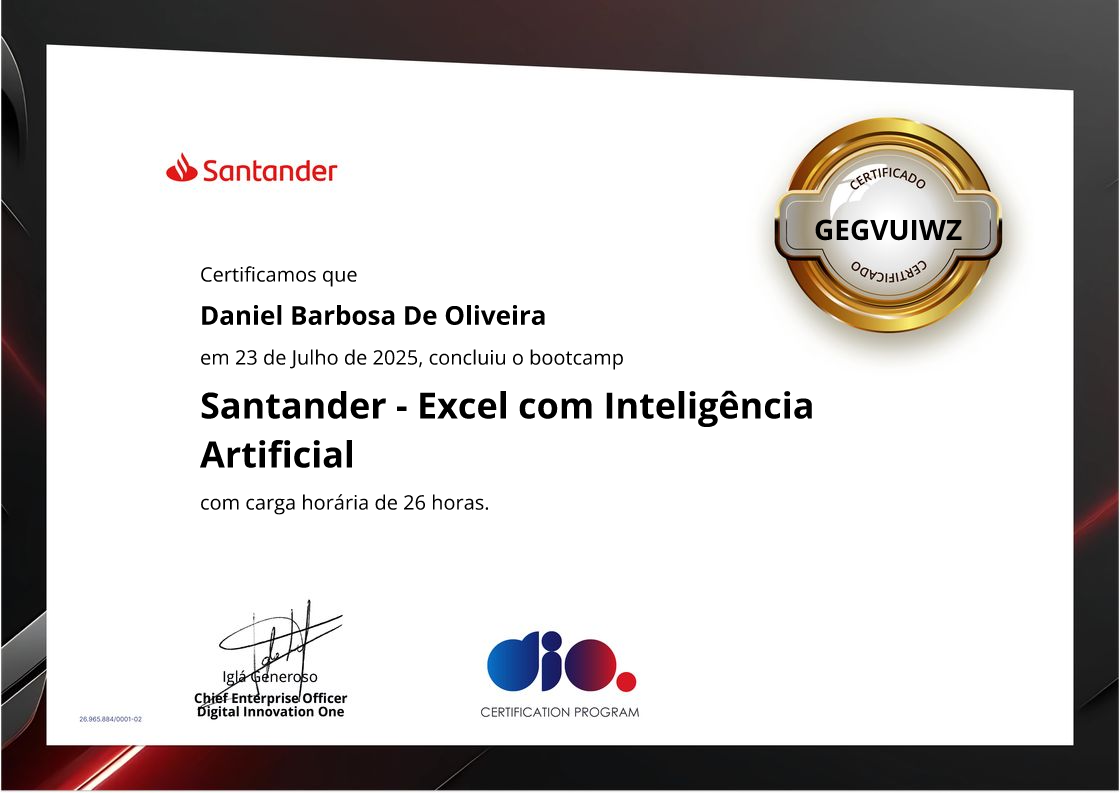 certificate of Santander - Excel com Inteligência Artificial