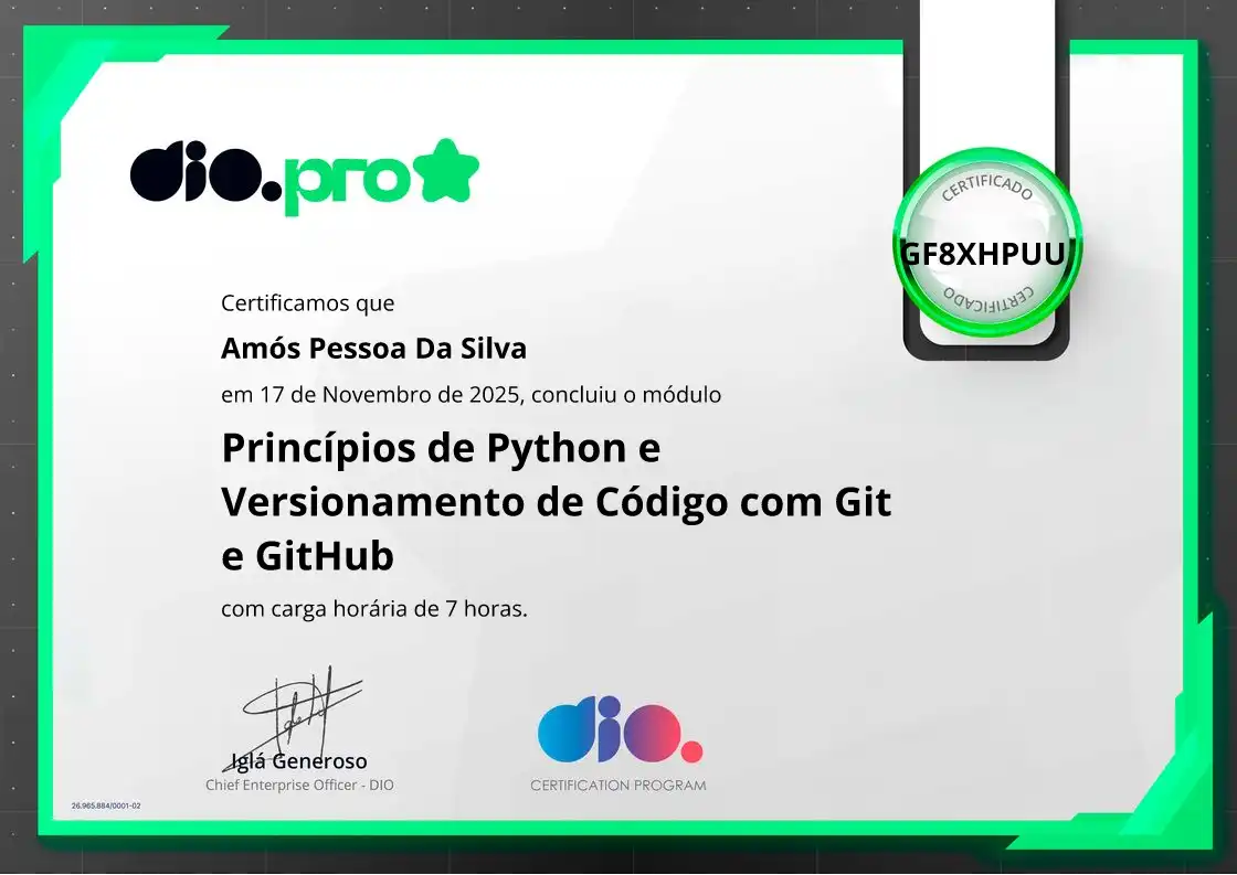 certificate of Princípios de Python e Versionamento de Código com Git e GitHub