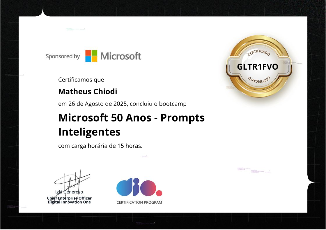 certificate of Microsoft 50 Anos - Prompts Inteligentes