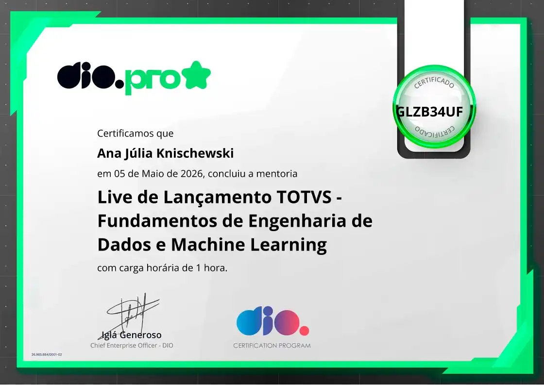 certificate of Live de Lançamento TOTVS - Fundamentos de Engenharia de Dados e Machine Learning