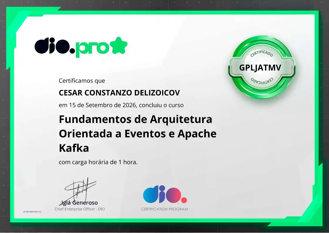 certificate of Fundamentos de Arquitetura Orientada a Eventos e Apache Kafka