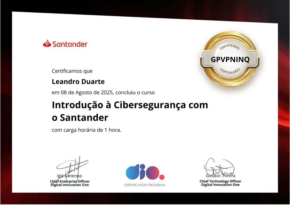 certificate of Introdução à Cibersegurança com o Santander