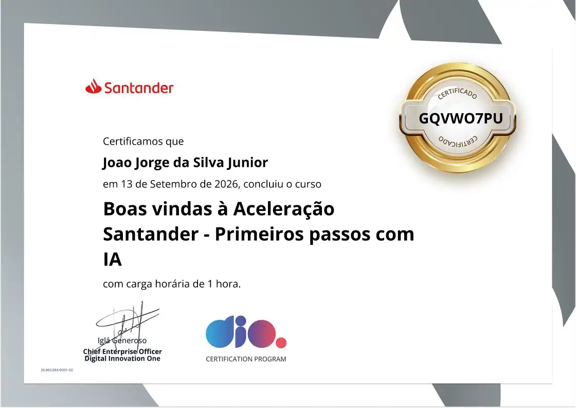 certificate of Boas vindas à Aceleração Santander - Primeiros passos com IA