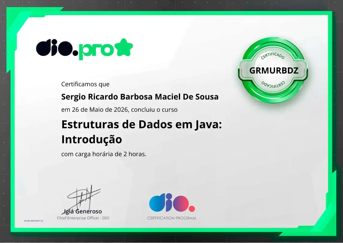 certificate of Estruturas de Dados em Java: Introdução