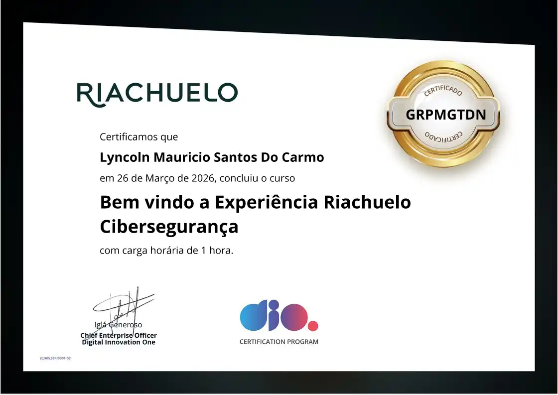 certificate of Bem vindo a Experiência Riachuelo Cibersegurança