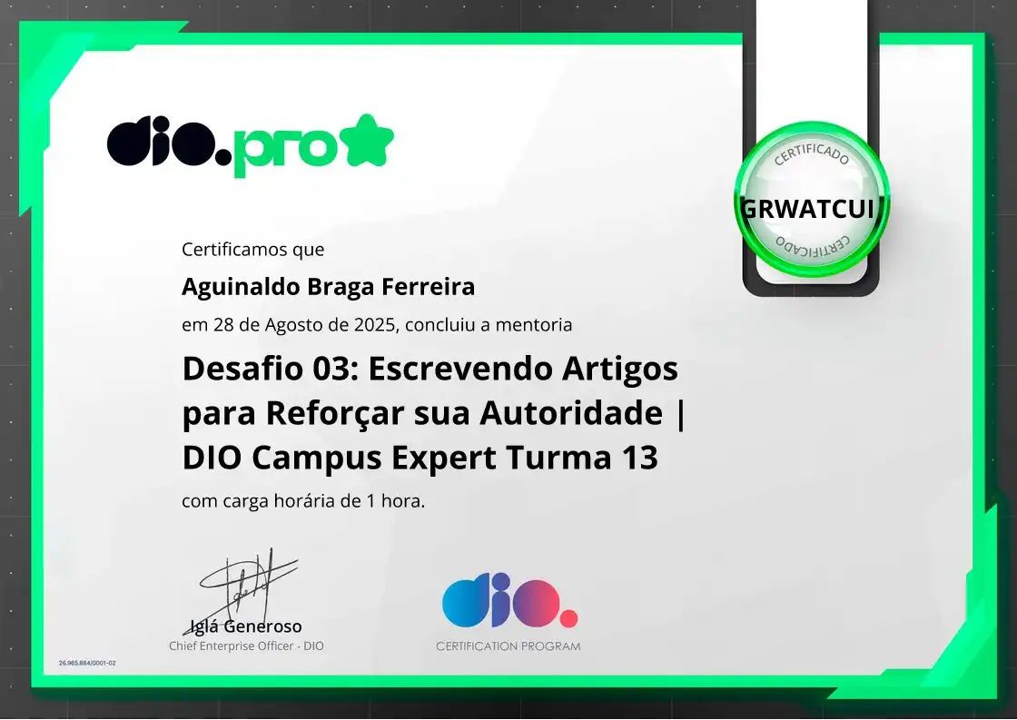 certificate of Desafio 03: Escrevendo Artigos para Reforçar sua Autoridade | DIO Campus Expert Turma 13