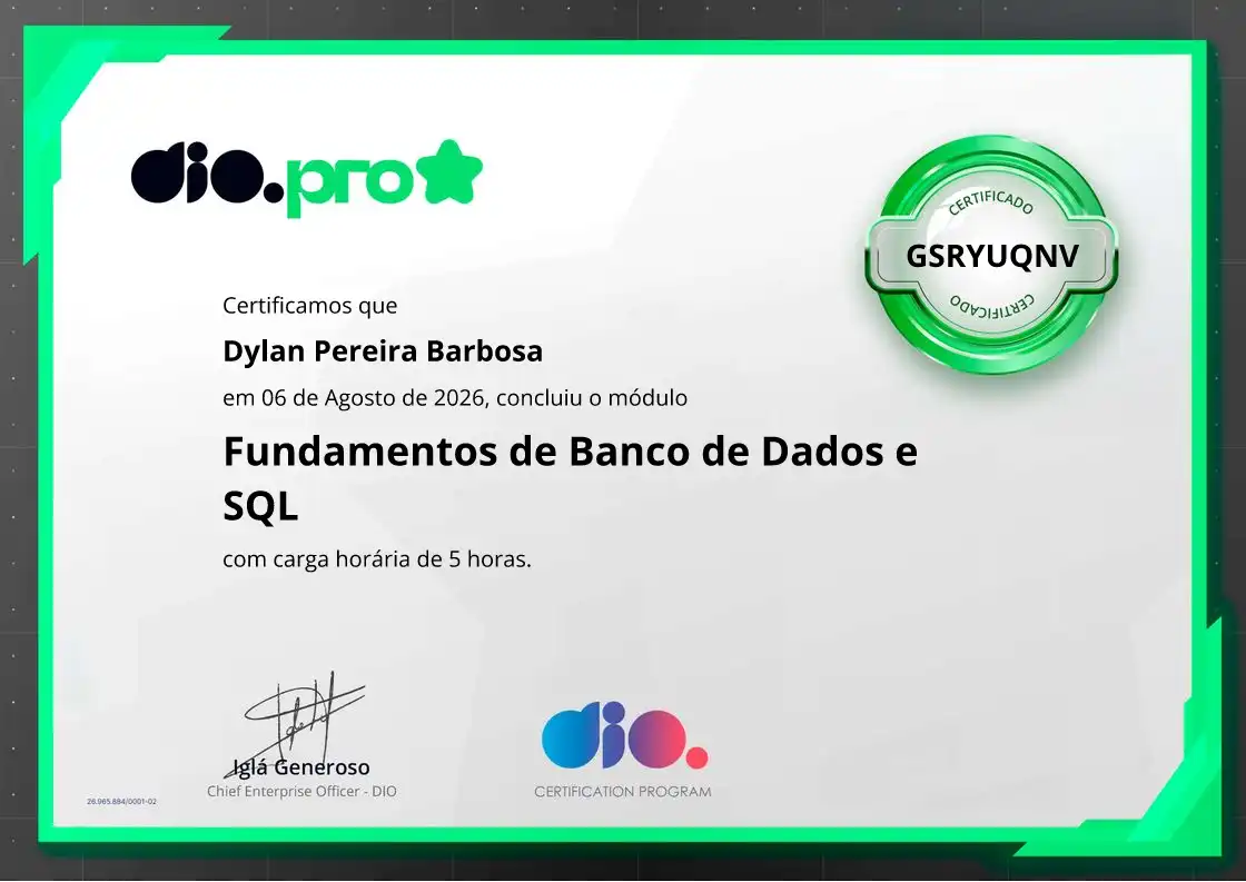 certificate of Fundamentos de Banco de Dados e SQL