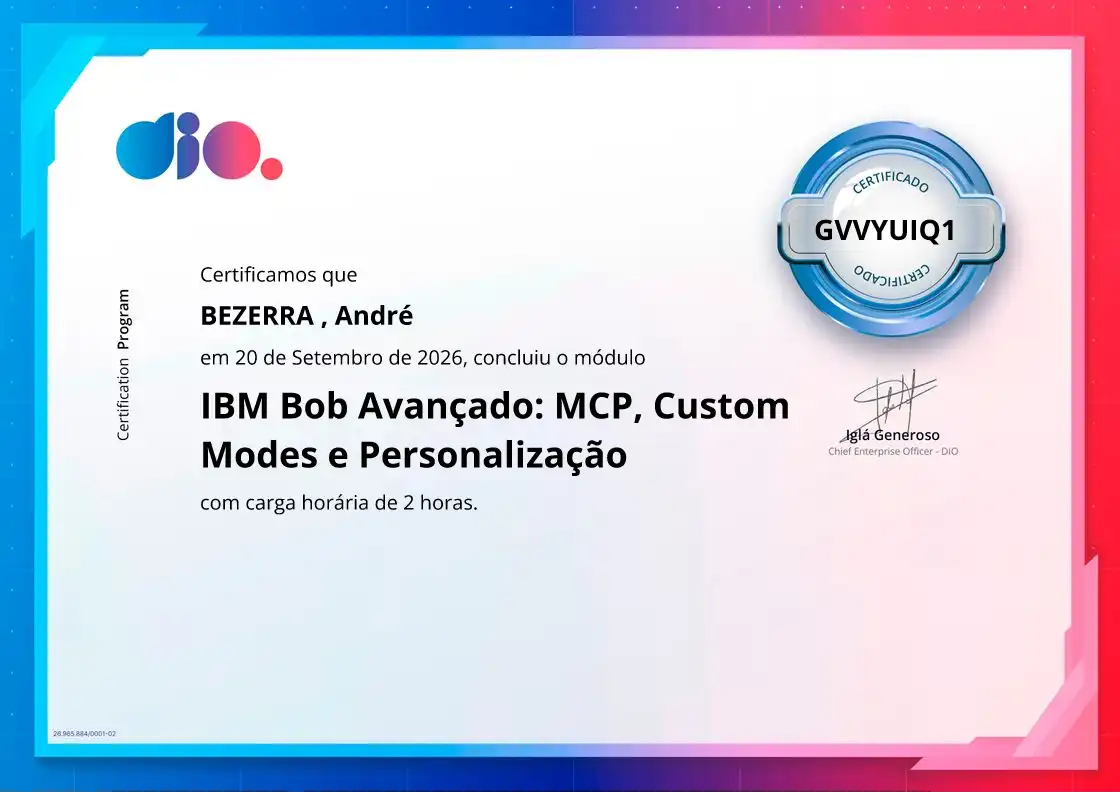 certificate of IBM Bob Avançado: MCP, Custom Modes e Personalização