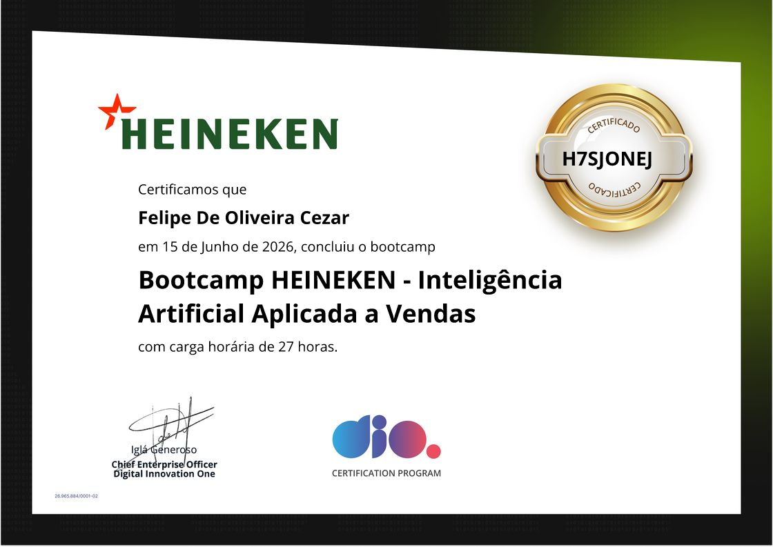 certificate of Bootcamp HEINEKEN - Inteligência Artificial Aplicada a Vendas