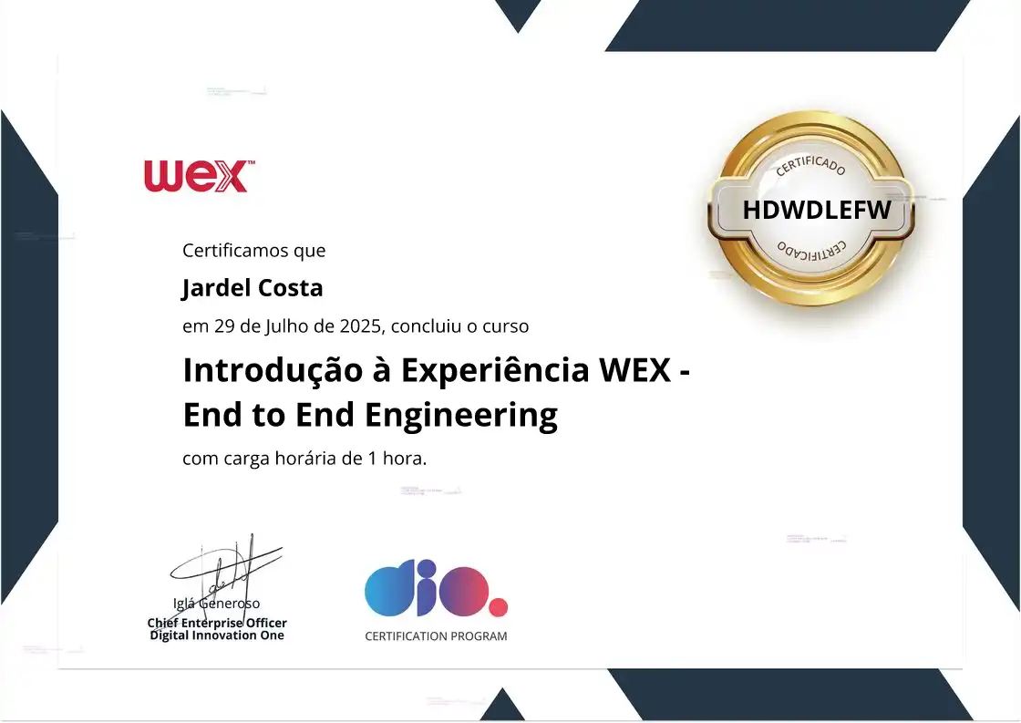 certificate of Introdução à Experiência WEX - End to End Engineering