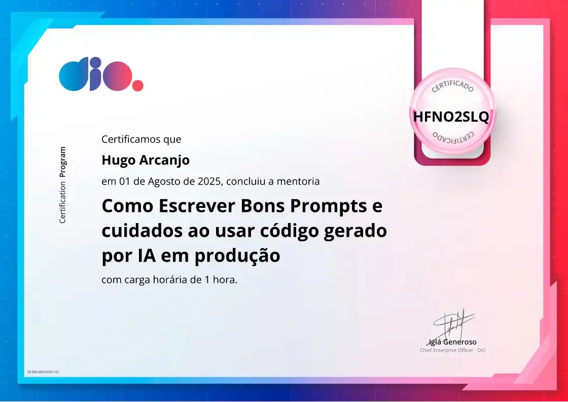 certificate of Como Escrever Bons Prompts e cuidados ao usar código gerado por IA em produção