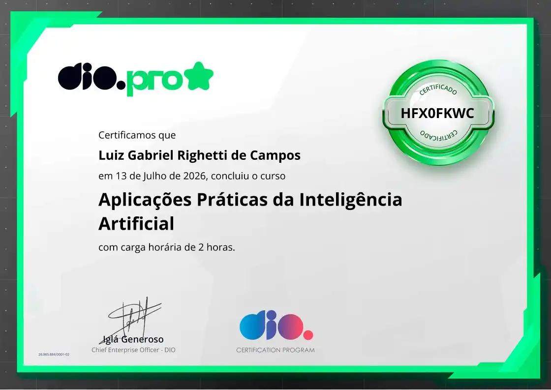 certificate of Aplicações Práticas da Inteligência Artificial