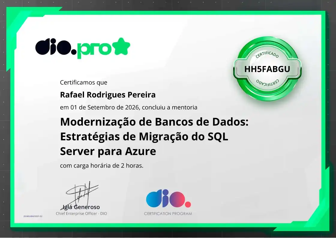 certificate of Modernização de Bancos de Dados: Estratégias de Migração do SQL Server para Azure