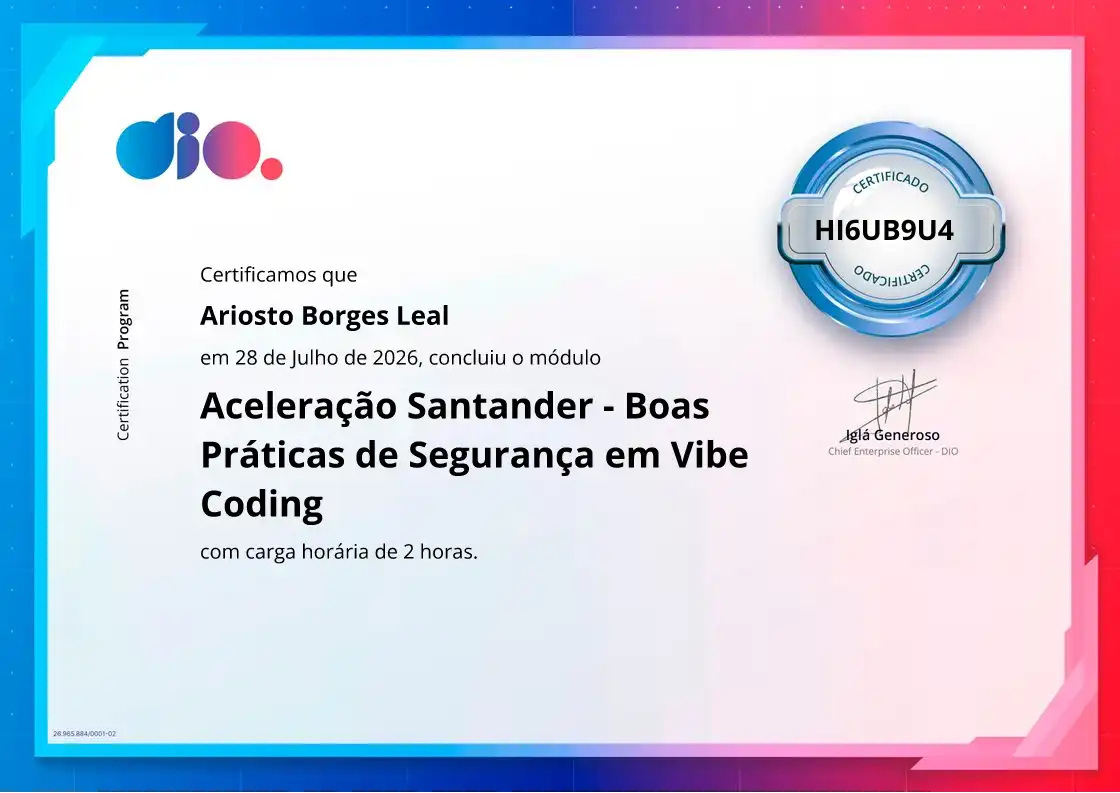 certificate of Aceleração Santander - Boas Práticas de Segurança em Vibe Coding