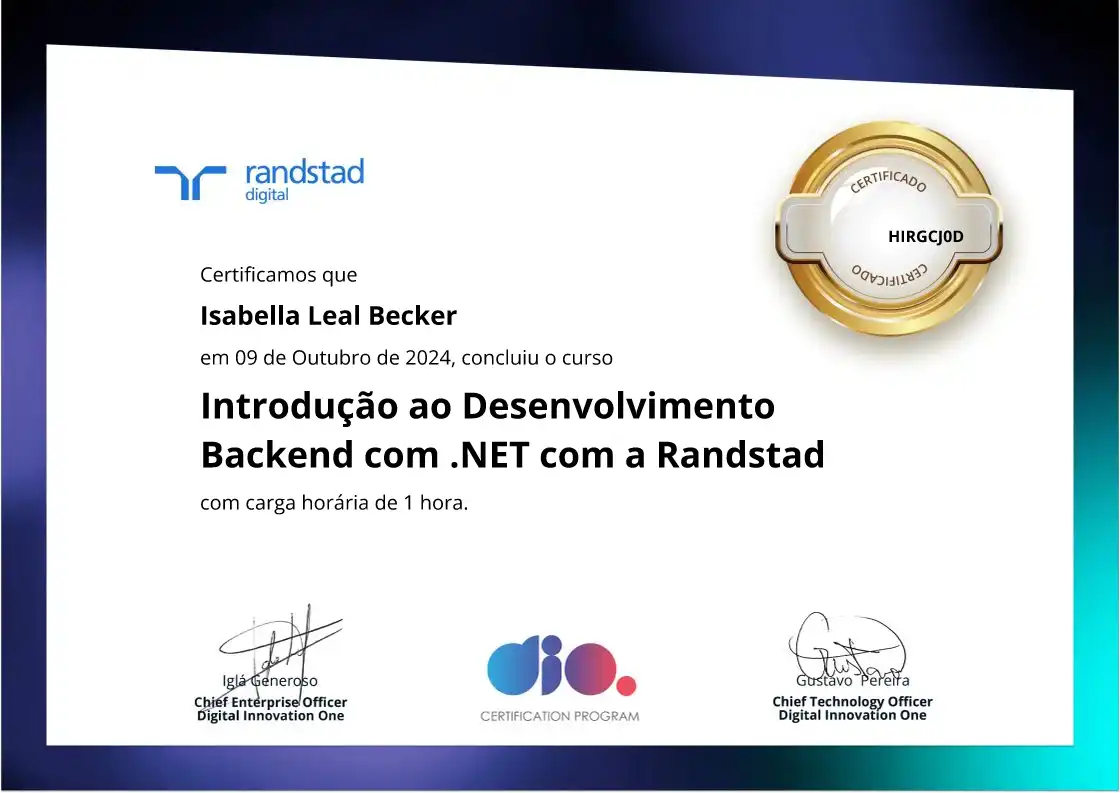 certificate of Introdução ao Desenvolvimento Backend com .NET com a Randstad