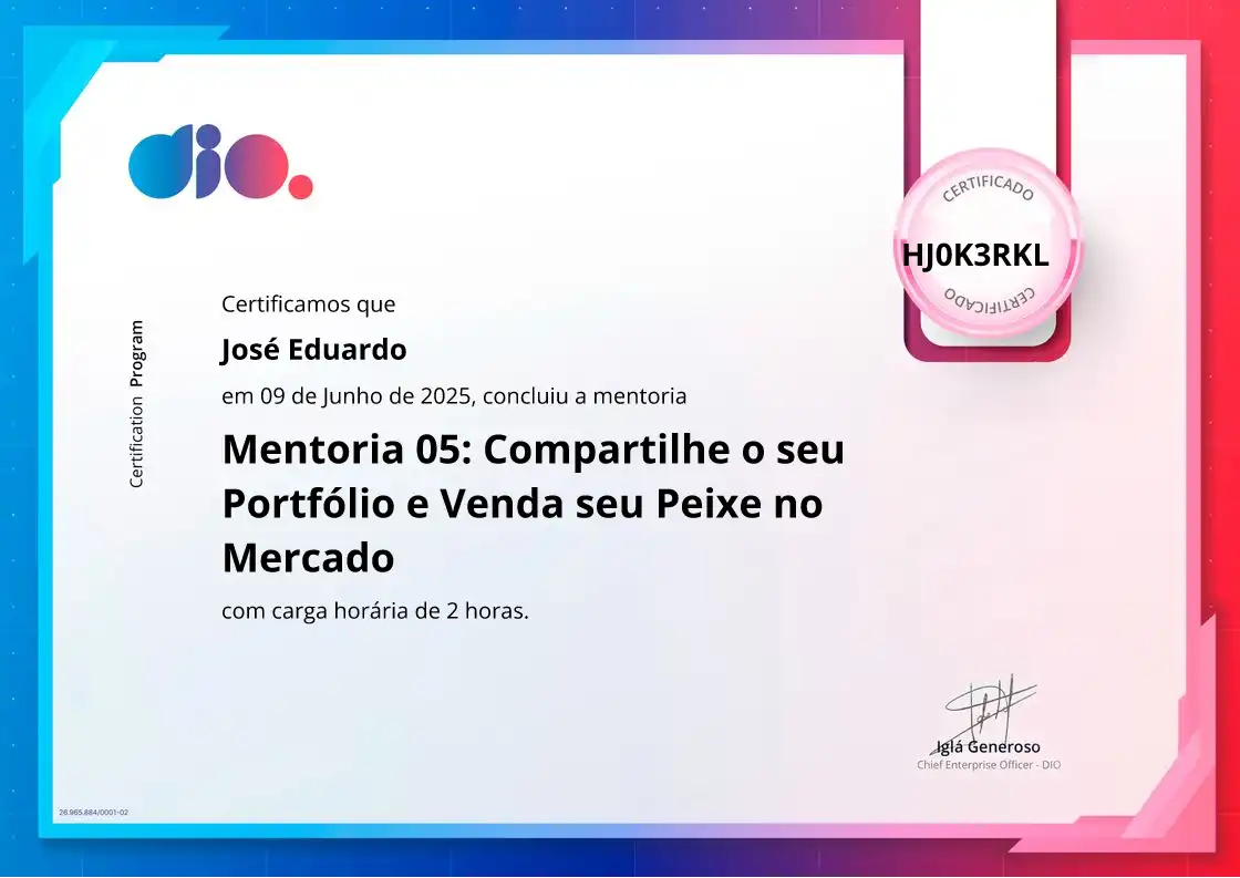 certificate of Mentoria 05: Compartilhe o seu Portfólio e Venda seu Peixe no Mercado