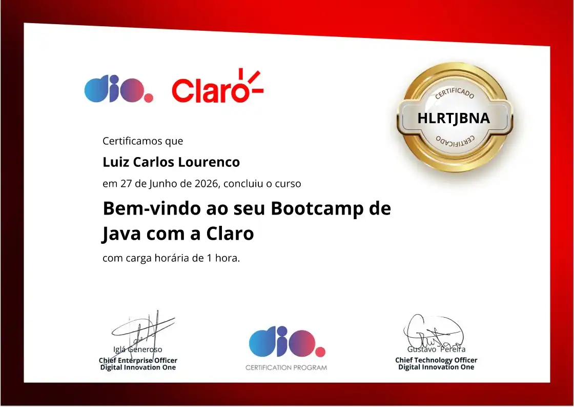 certificate of Bem-vindo ao seu Bootcamp de Java com a Claro