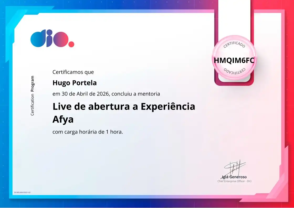 certificate of Live de abertura a Experiência Afya