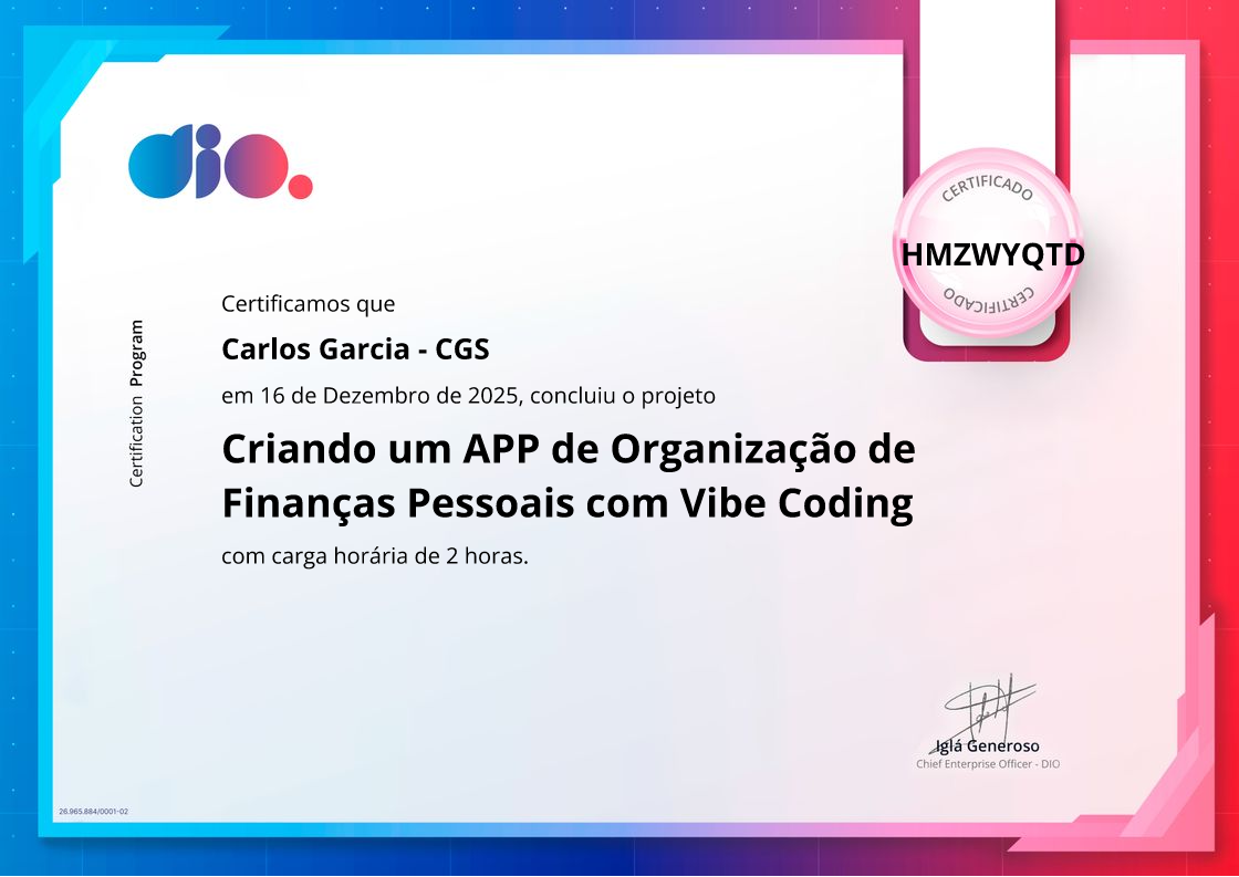 certificate of Criando um APP de Organização de Finanças Pessoais com Vibe Coding