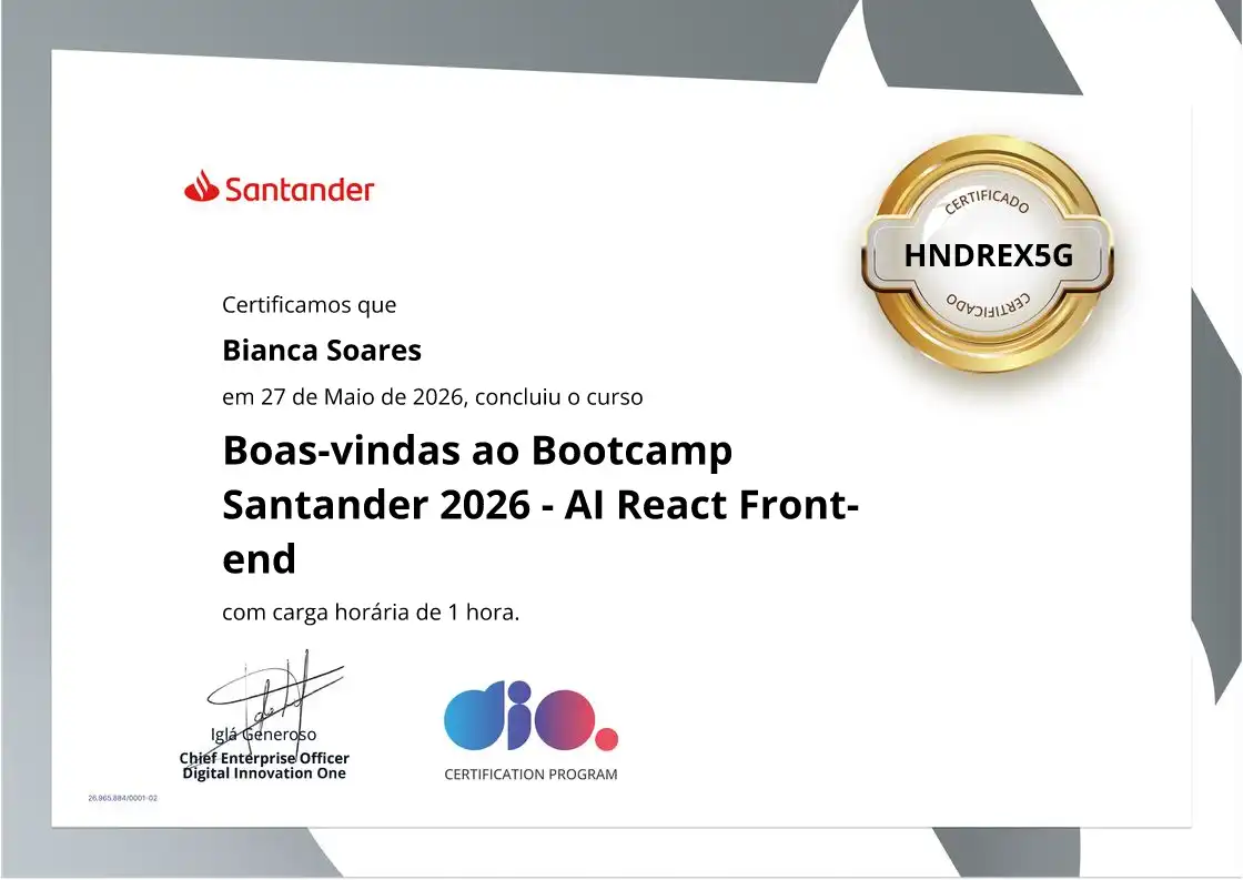 certificate of Boas-vindas ao Bootcamp Santander 2026 - AI React Front-end