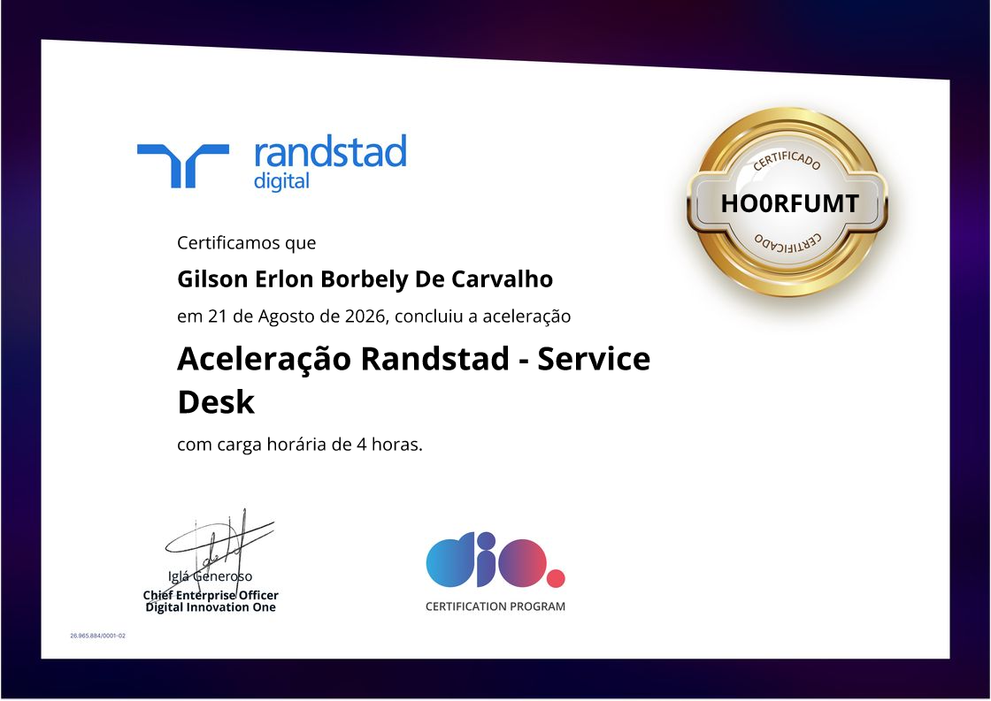 certificate of Aceleração Randstad - Service Desk