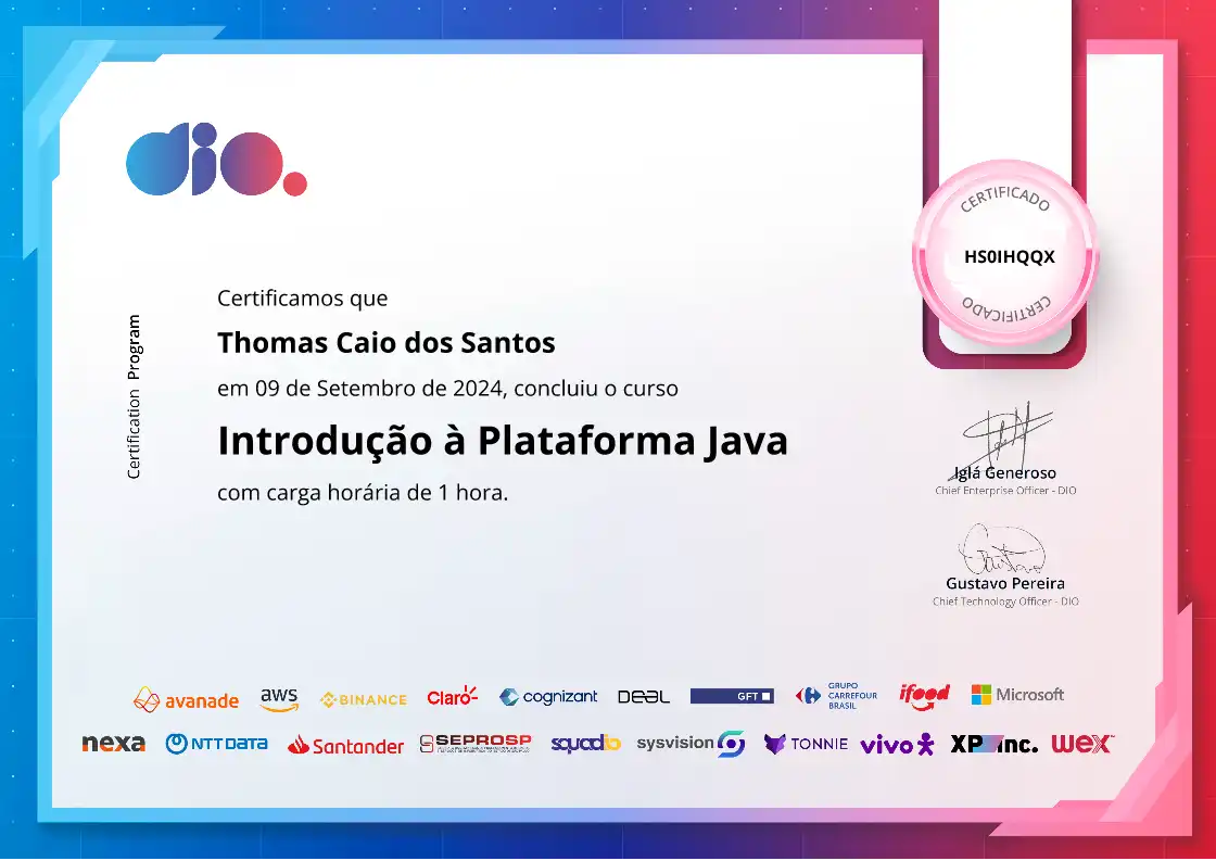 certificate of Introdução à Plataforma Java