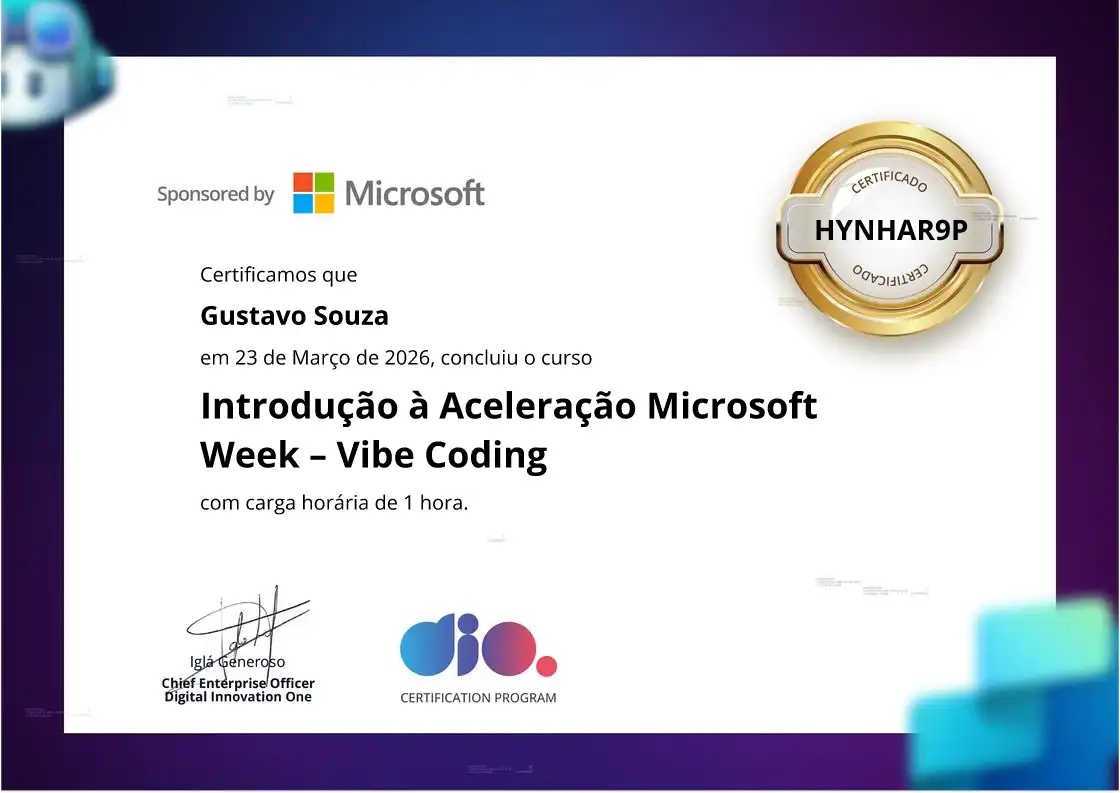 certificate of Introdução à Aceleração Microsoft Week – Vibe Coding