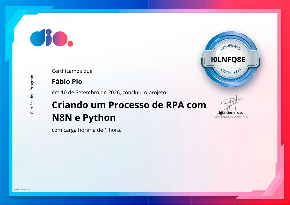 certificate of Criando um Processo de RPA com N8N e Python