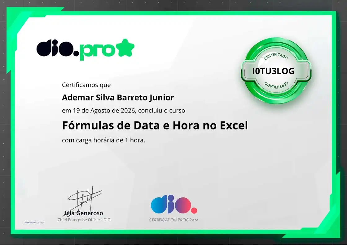 certificate of Fórmulas de Data e Hora no Excel