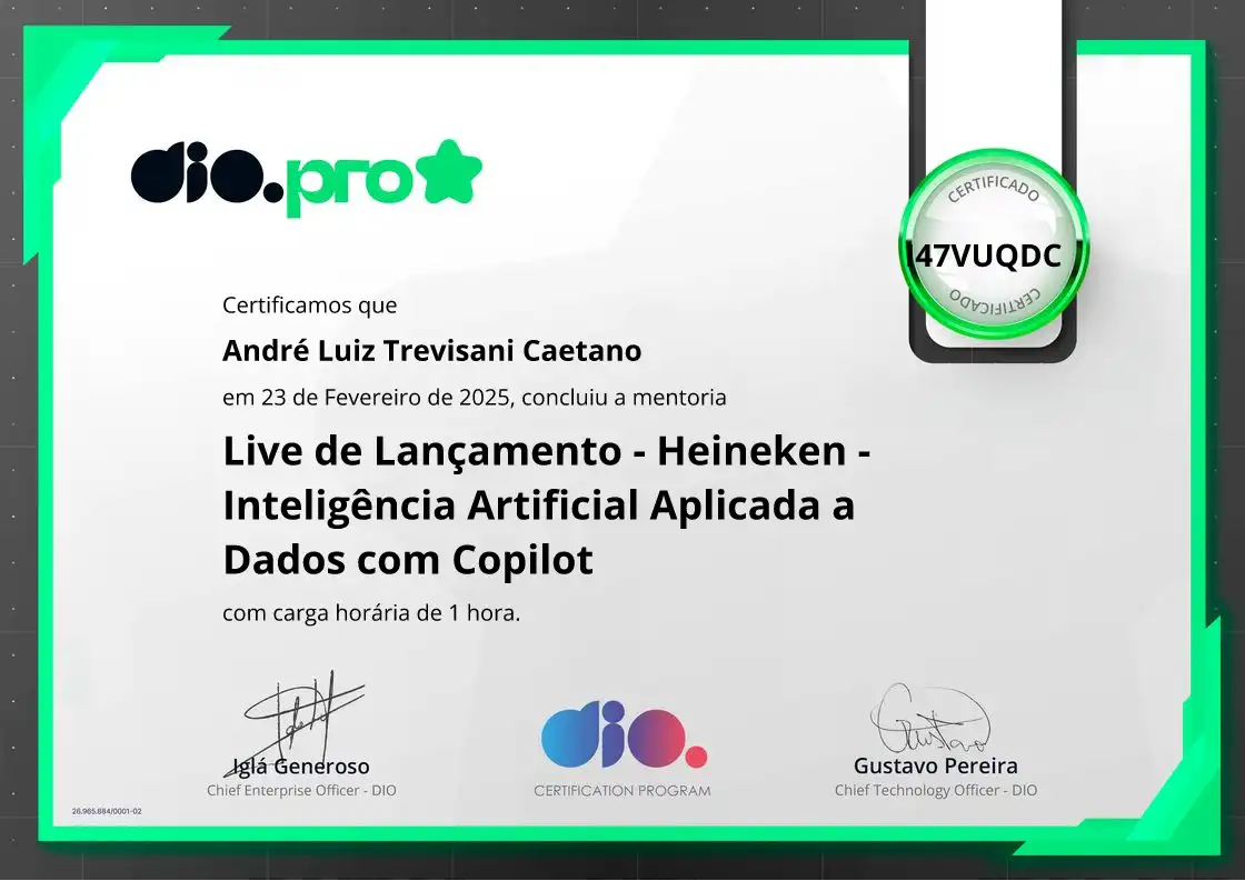 certificate of Live de Lançamento - Heineken - Inteligência Artificial Aplicada a Dados com Copilot