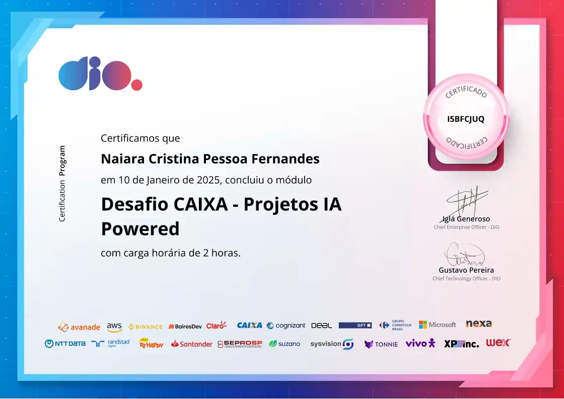 certificate of Desafio CAIXA - Projetos IA Powered