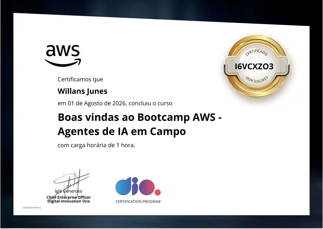 certificate of Boas vindas ao Bootcamp AWS - Agentes de IA em Campo