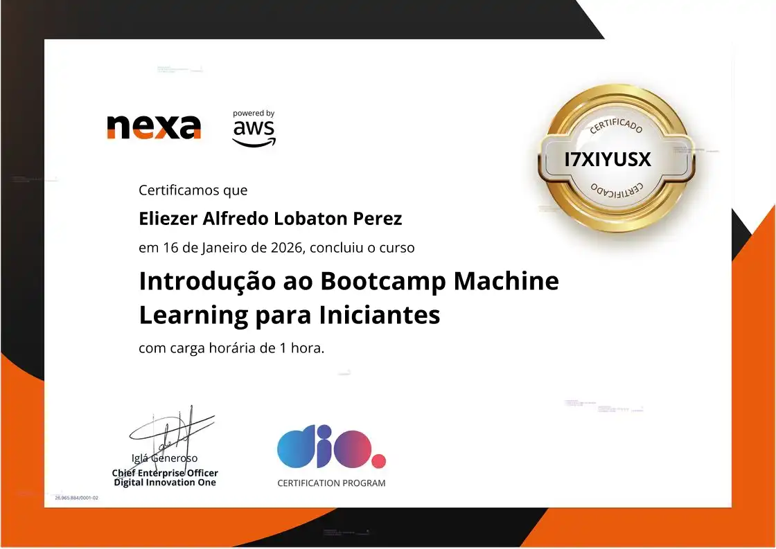 certificate of Introdução ao Bootcamp Machine Learning para Iniciantes