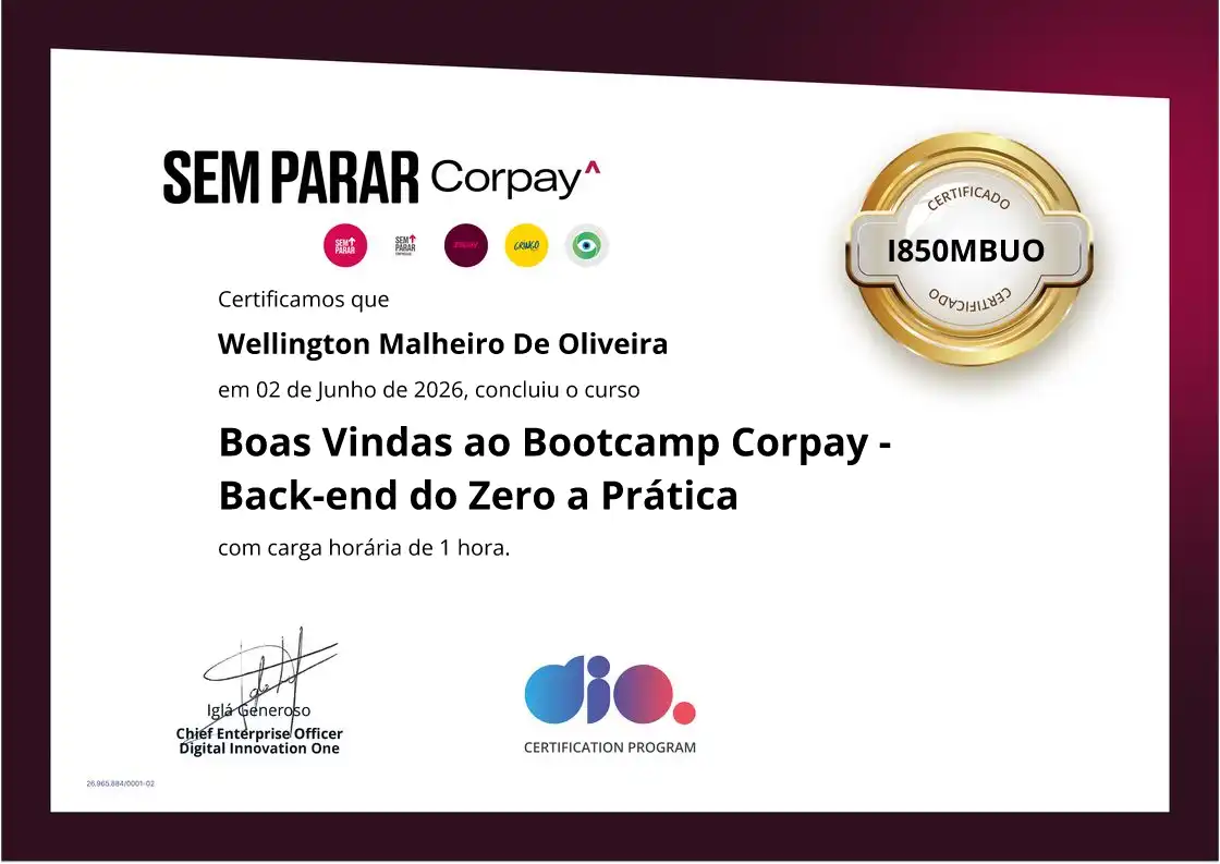 certificate of Boas Vindas ao Bootcamp Corpay - Back-end do Zero a Prática