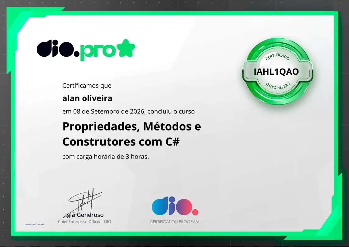 certificate of Propriedades, Métodos e Construtores com C#