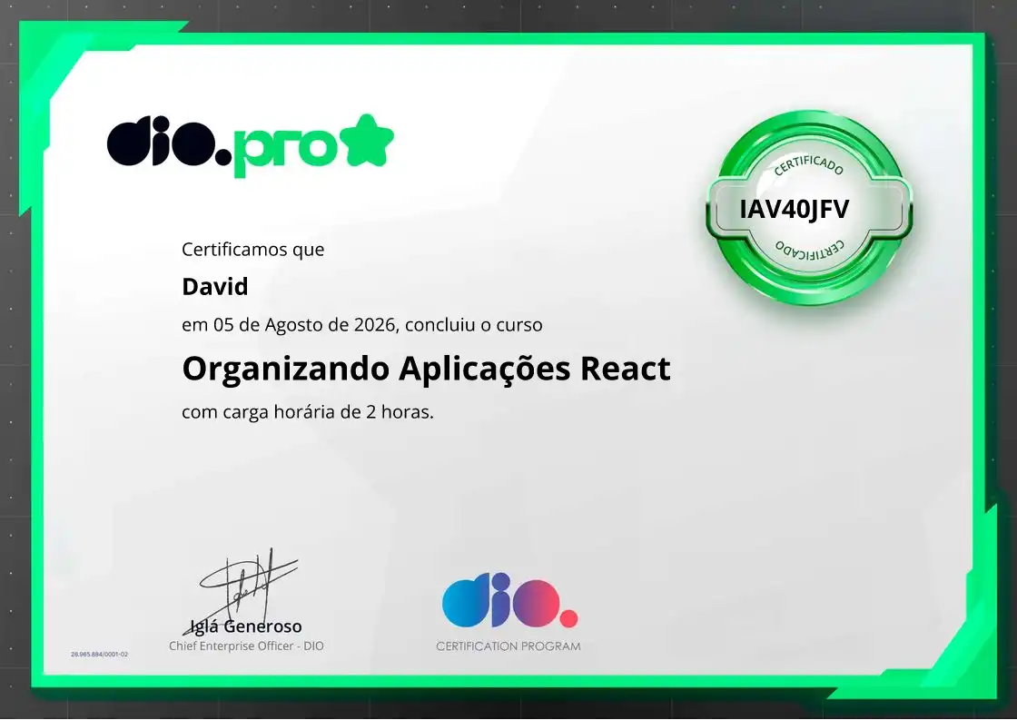 certificate of Organizando Aplicações React