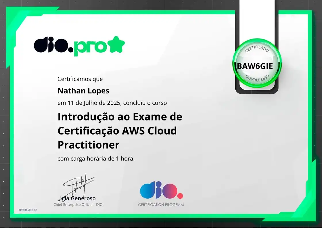 certificate of Introdução ao Exame de Certificação AWS Cloud Practitioner