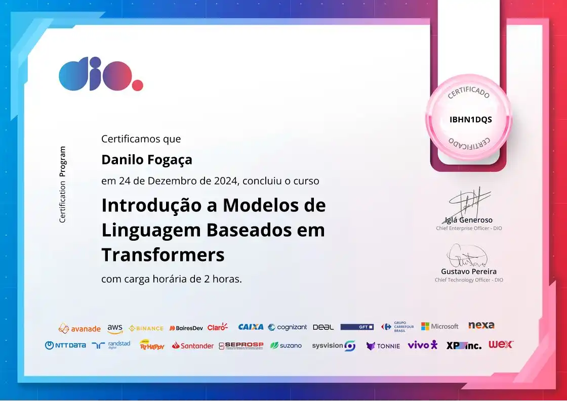 certificate of Introdução a Modelos de Linguagem Baseados em Transformers