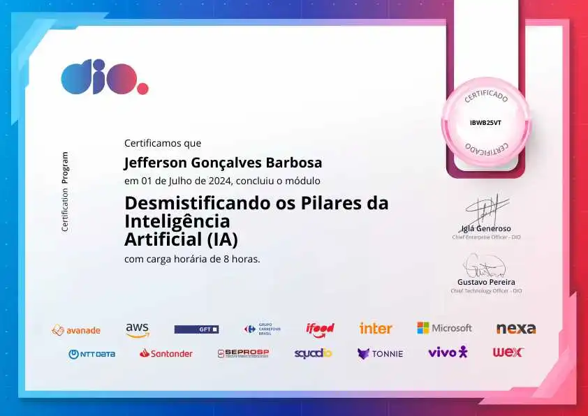 certificate of Desmistificando os Pilares da Inteligência Artificial (IA)