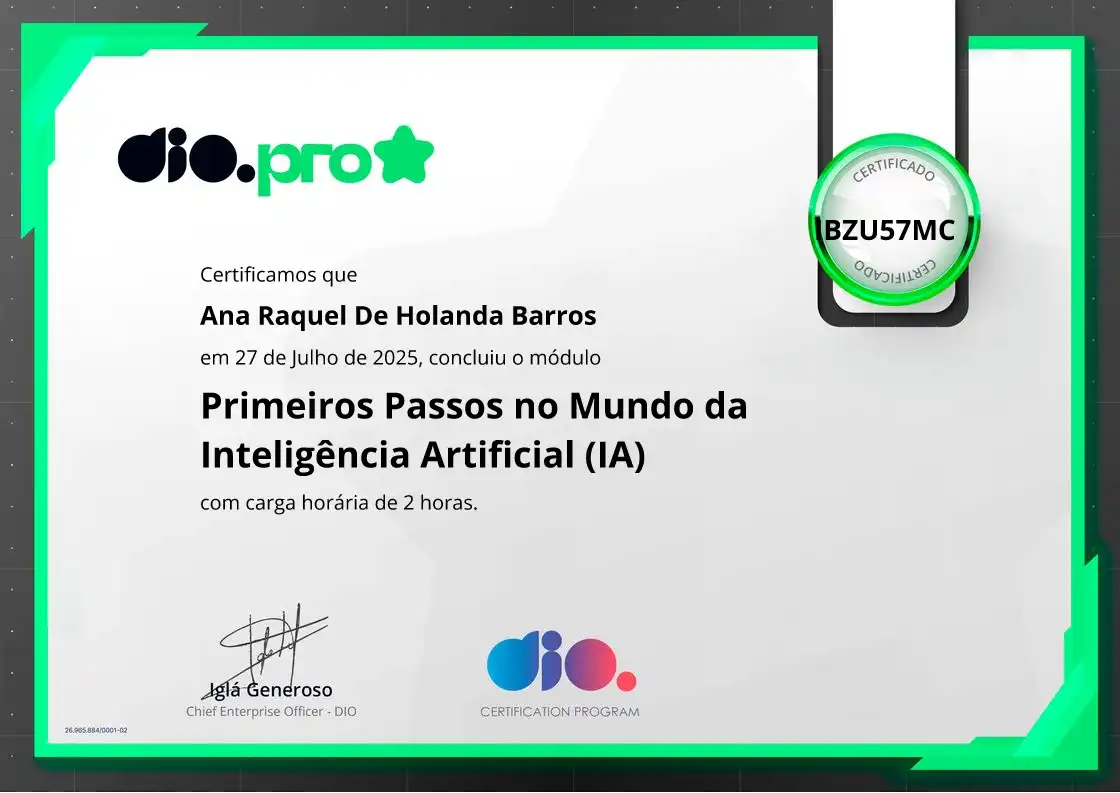 certificate of Primeiros Passos no Mundo da Inteligência Artificial (IA)