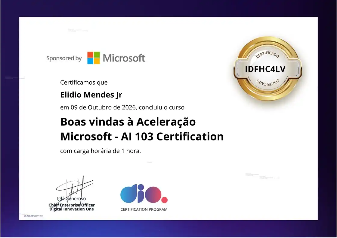 certificate of Boas vindas à Aceleração Microsoft - AI 103 Certification