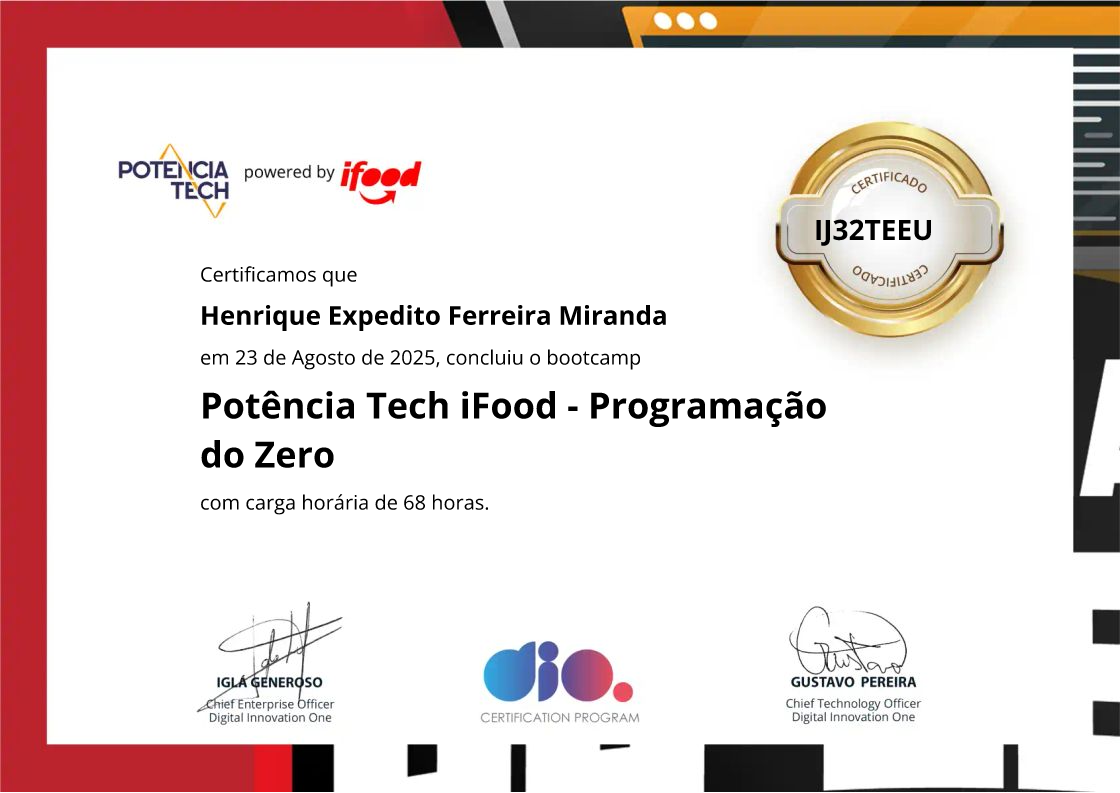 certificate of Potência Tech iFood - Programação do Zero
