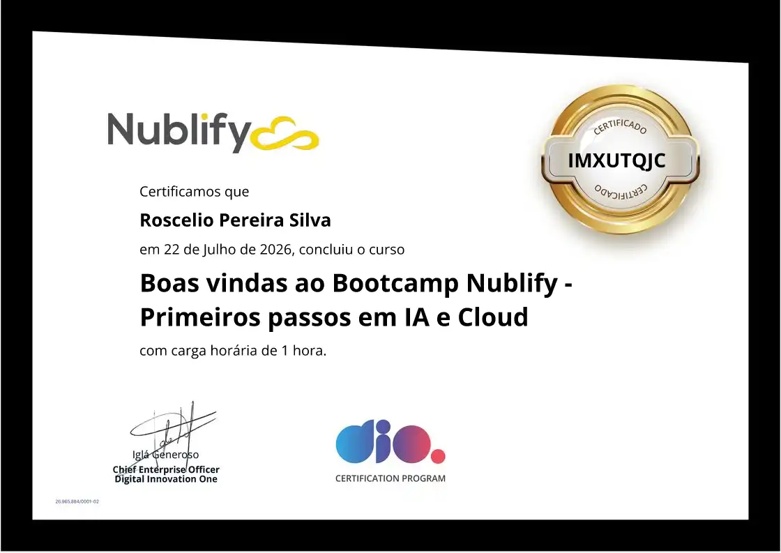 certificate of Boas vindas ao Bootcamp Nublify - Primeiros passos em IA e Cloud